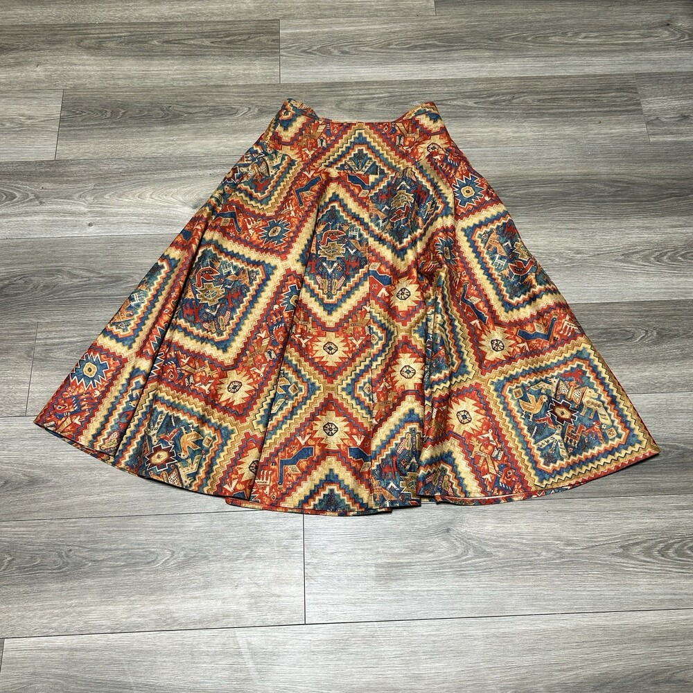Aztec Print A-Line Pleated Skirt Multicolor 29x35 Tagless Unbranded Boho Style